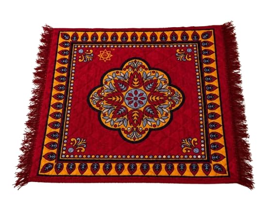 Pooja Mat, Red, Quilted with Fringe Border, Traditional Floral Print, Square Floor Sitting Mat-image-33
