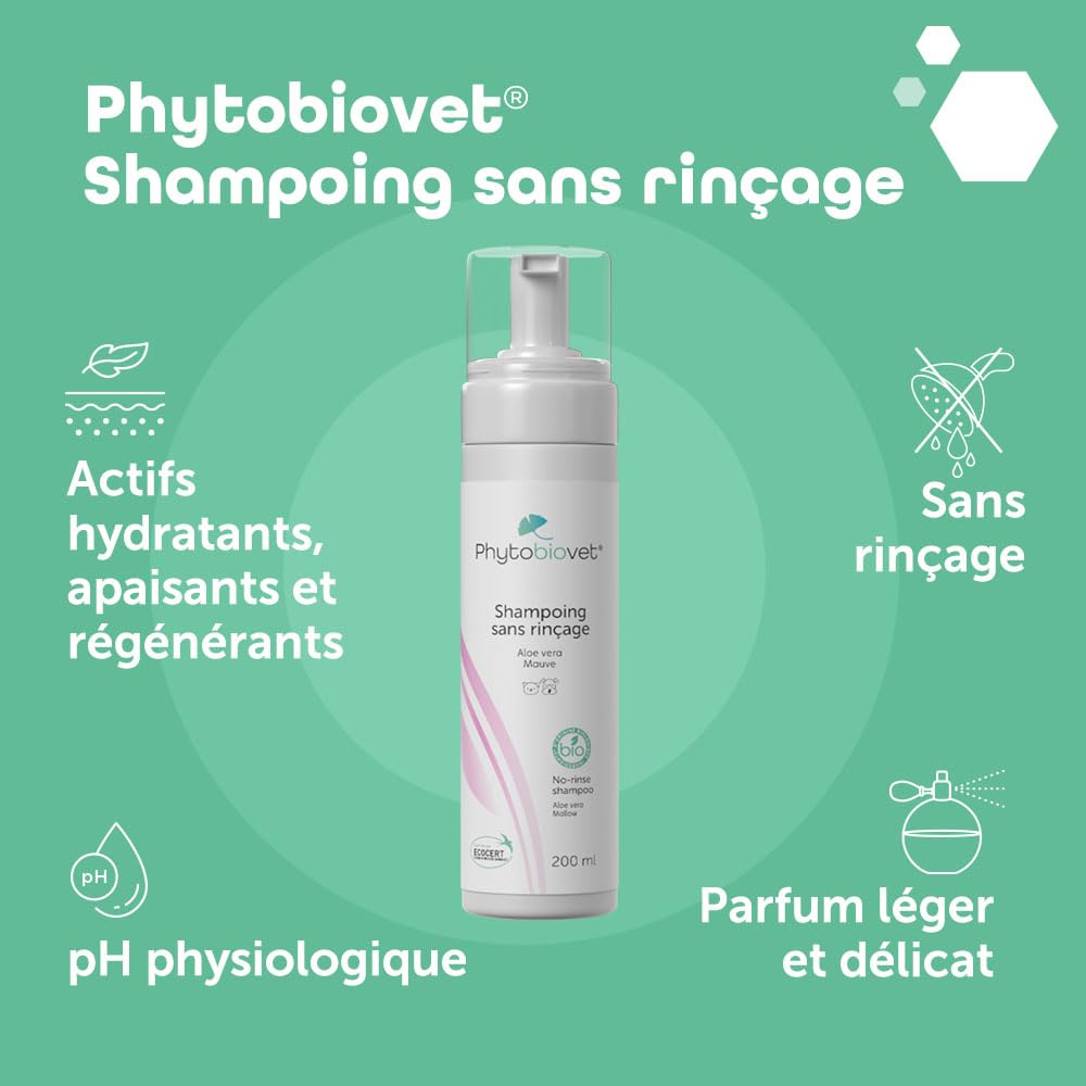 MP Labo Phytobiovet® Shampoing sans Rinçage pour Chien et Chat 200 ML - A l’Aloe Vera et à la Mauve - Labellisé Ecocert Ecosoin Bio des Animaux