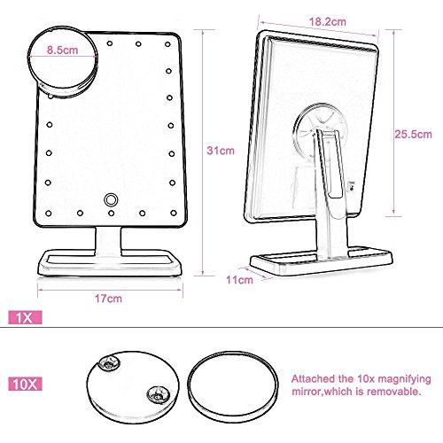 20 LED Makeup Mirror with Removable 10x Magnifying Mirror -Touch Screen Dimmable Vanity Mirror Illuminated Cosmetic Mirror with Bidirectional Rotation - Beauty Mirror (white)