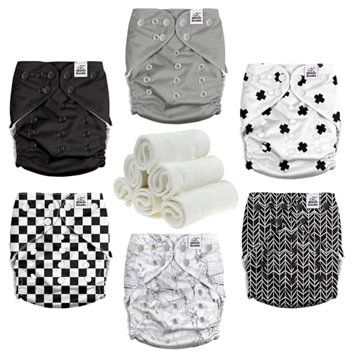 Mama Koala 3.0 Cloth Diapers for Babies with AWJ Lining, 6 Pack with 12 5-Layer Bboo(No Microfiber) Cloth Diaper Inserts - Reusable and Washable Pocket Diapers(12-My Warm Heart)