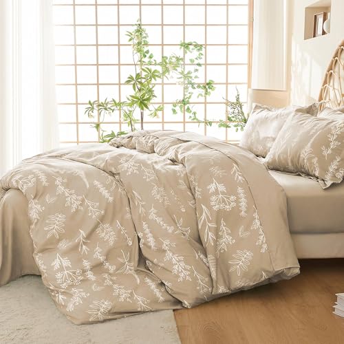 MUXHOMO Duvet Cover King Size, Reversible Floral Beige Duvet Cover Set with Zipper Closure, 3 Pieces Botanical Patterns Soft Microfiber Bedding Set (90"x104", 2 Pillow Cases 20"×36")