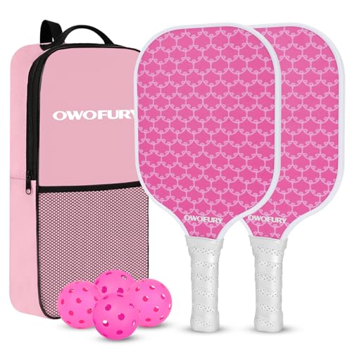 OWOFURY Pickleball Paddles Set of 2 Fiberglass Surface Pickleball Rackets Lightweight Honeycomb Core with 4 Outdoor Indoor Balls and Bag for Men Women Cute Pink