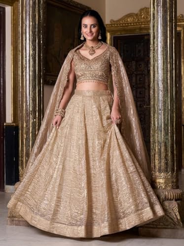 Image of JIHU CULTURE Women's Cream Gold Crush Silk Zari Embroidery Work Semi Stiched Lehenga Choli