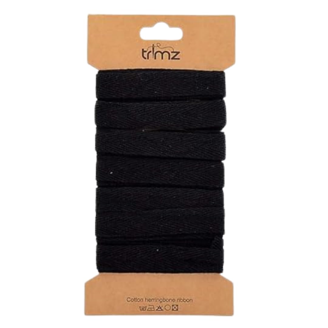 Trimz Single Herringbone Cotton Ribbon, Black, 15mm x 5m