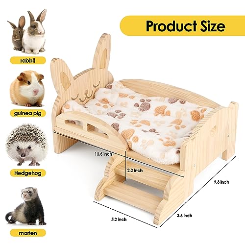 Image of Wooden Guinea Pig Bed with Mat 13.5IN X 9.3IN Detachable Hideout with Stairs Small Animal Cute Warm Habitats for Hamsters Ferret Bunny Sleeping Hiding