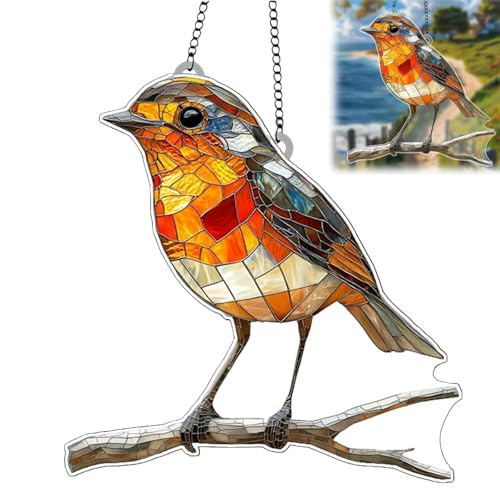 Sonnenfänger Rotkehlchen auf AST Acryl Vogel Buntglas Hängedekoration farbenfroh transparent für Garten Balkon Fenster (Innen & Außen)