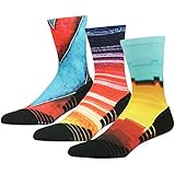HUSO Funky Socks Crew Art Pattern Print Sweat Wicking Athletic Left Right Mid Cut Socks for Men 3 Pairs (Multicolor, L/XL)