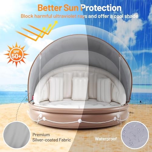 Image of Giantex Canopy Island Inflatable Lounge, Floating Island Raft w /SPF50+ Retractable Detachable Sunshade, Inflatable Pool Float Canopy w /2 Cup Holders Backrest Armrest for Pool Lake River