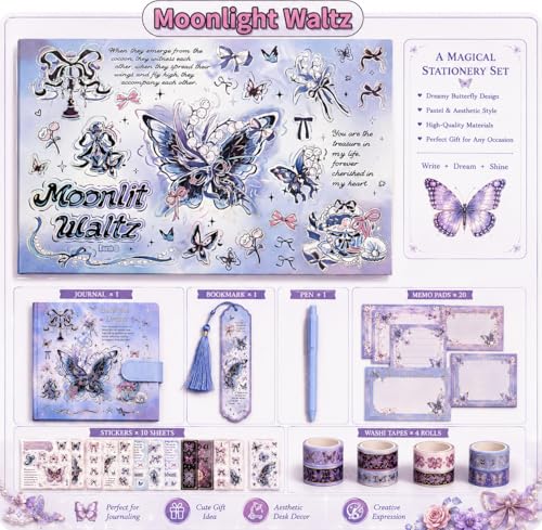 Image of PLUSPOINT Butterfly Aesthetic Scrapbook Kit for Girls - A5 Lock Diary with Stickers, Washi Tape, Memo Pads & Pen, Kawaii Journal Stationery Gift Set for DIY Scrapbooking