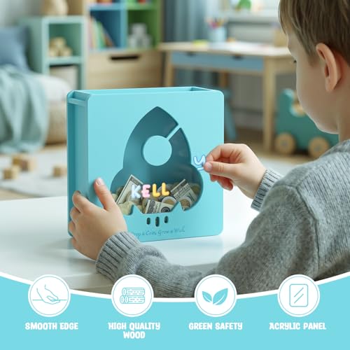 Image of Summidate Wooden Piggy Bank for Kids Girls, Money Savings Bank with Clear Removable Windows and DIY Stickers, Kids Visual Cash Vault Box for Teens, Birthday