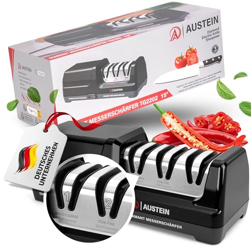 AUSTEIN® Diamant Messerschärfer elektrisch TG2202 - Der 3 Phasen Messerschleifer mit 15 Grad und magnetischem Spänekollektor
