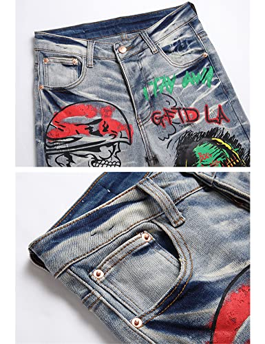 Men's Streetwear Skull Flame Print Stretch Denim Jeans3