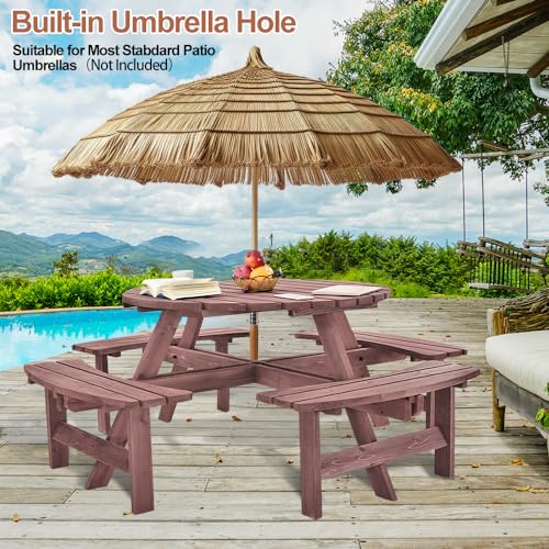 Panana 8 Seater Round Wooden Picnic Table Set with Benches - Image 5