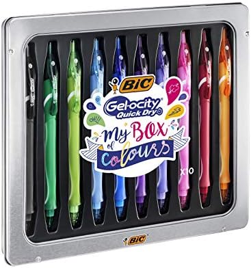 BIC Gel-ocity Quick Dry, Gel Ink Pens with Full Grip Barrel, Assorted Colours, in Metal Tin, My Box of Colours, Pack of 10