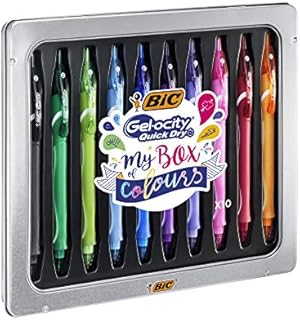 BIC Gel-ocity Quick Dry, Gel Ink Pens with Full Grip Barrel, Assorted Colours, in Metal Tin, My Box of Colours, Pack of 10