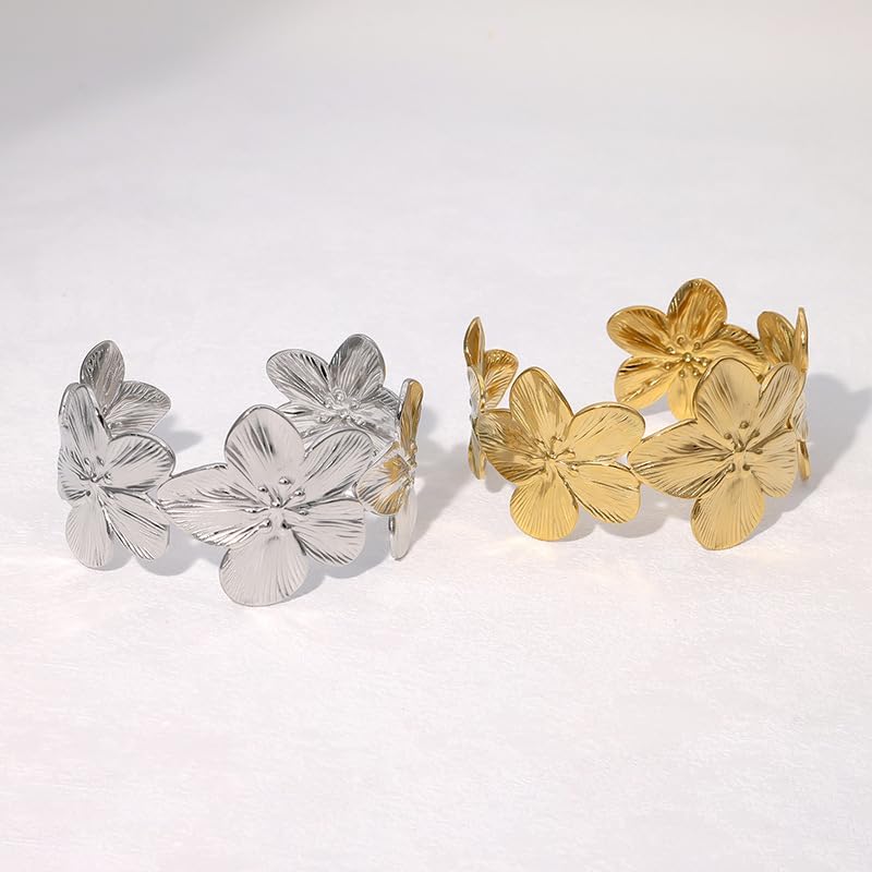 Chunky Flower Bracelet Dainty Gold Sunflower Cuff Bracelet Golden Open Bangle Silver Flower Cuffs Wide Floral Accessories Gift for Women Simple Minimalis Fashion Vintage Jewelry - Image 5