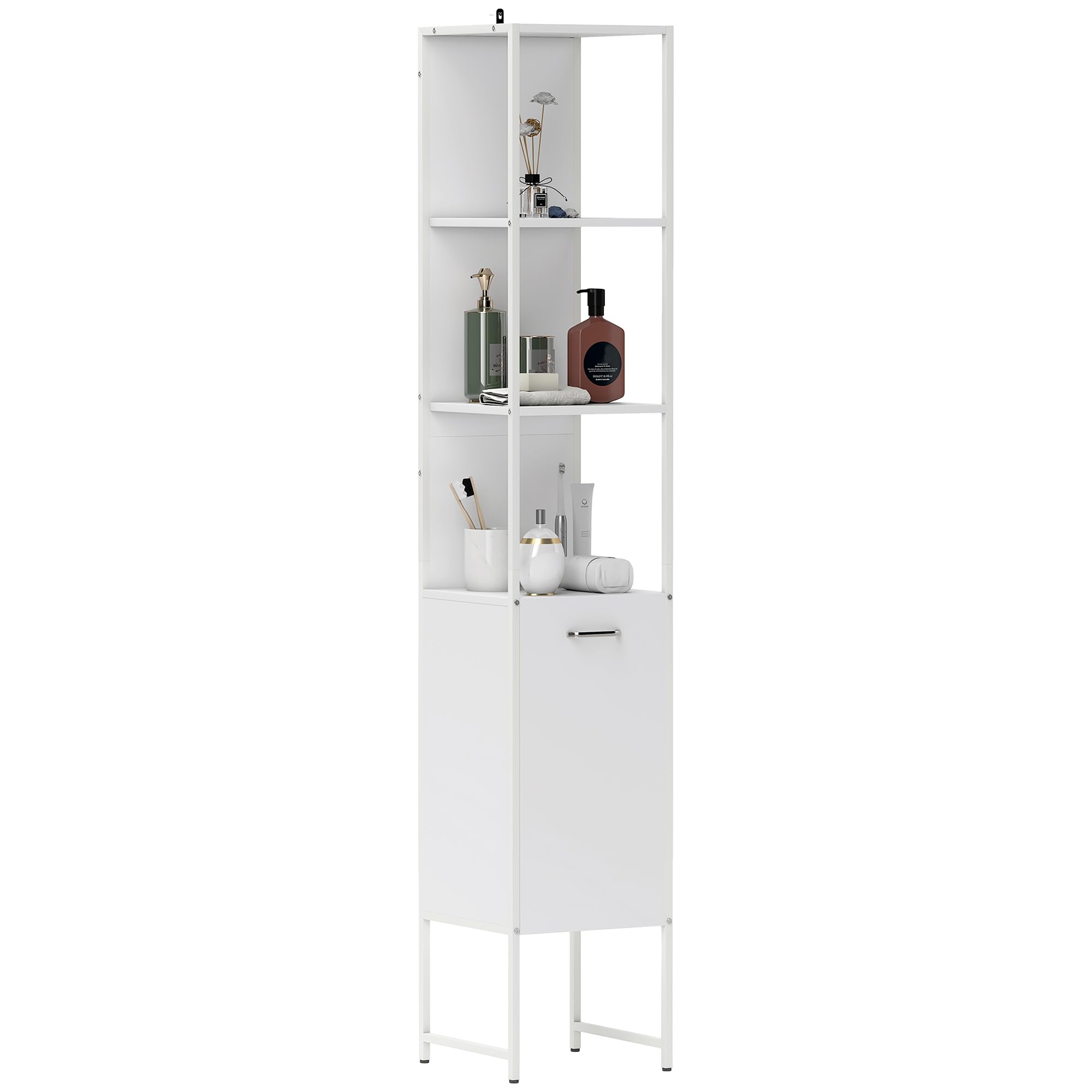 HOMCOM Tall Bathroom Cabinet with 3 Open Shelves Adjustable Shelf, White