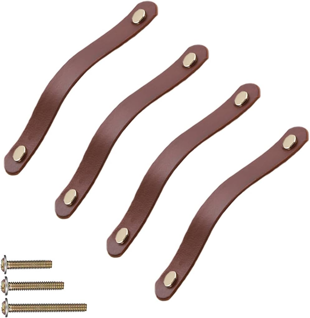 4 Pack Soft Genuine Leather Drawer Pulls Handle,Wardrobe Cabinets Kitchen Closet Knobs Door Pulls Handles knobs with Screws,Home Decoration, Handmade (4 Pack, 5.6" - Brown)