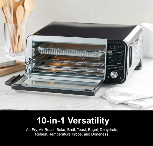 This is a picture of a product for sale called Ninja SP251Q Digital Air Fry Pro Countertop 10-in-1 Smart Oven w - Temperature Probe,  Extended Height,  XL Capacity,  Flip Up Storage,  w - Air Fry Basket,  Wire Rack & Crumb Tray (Renewed) (Cinnamon)