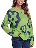 Angashion Women Long Sleeve Sweater - Fall Casual Crewneck Knit Tops Floral Print Cute Loose Pullover Jumper Green Medium