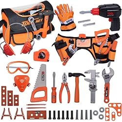 Toy Tool Set for Boys 46pcs Pretend Play Construction Toy with Storage Bag&Kids Toolbelt, Electric Drill Toy, Tape…