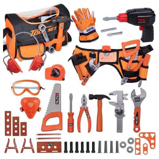 Toy Tool Set for Boys 46pcs Pretend Play Construction Toy with Storage Bag&Kids Toolbelt, Electric Drill Toy, Tape Measure, Goggle Toys Durable Kids Tool Accessories for 3 4 5 6 Year Old Kids Girl