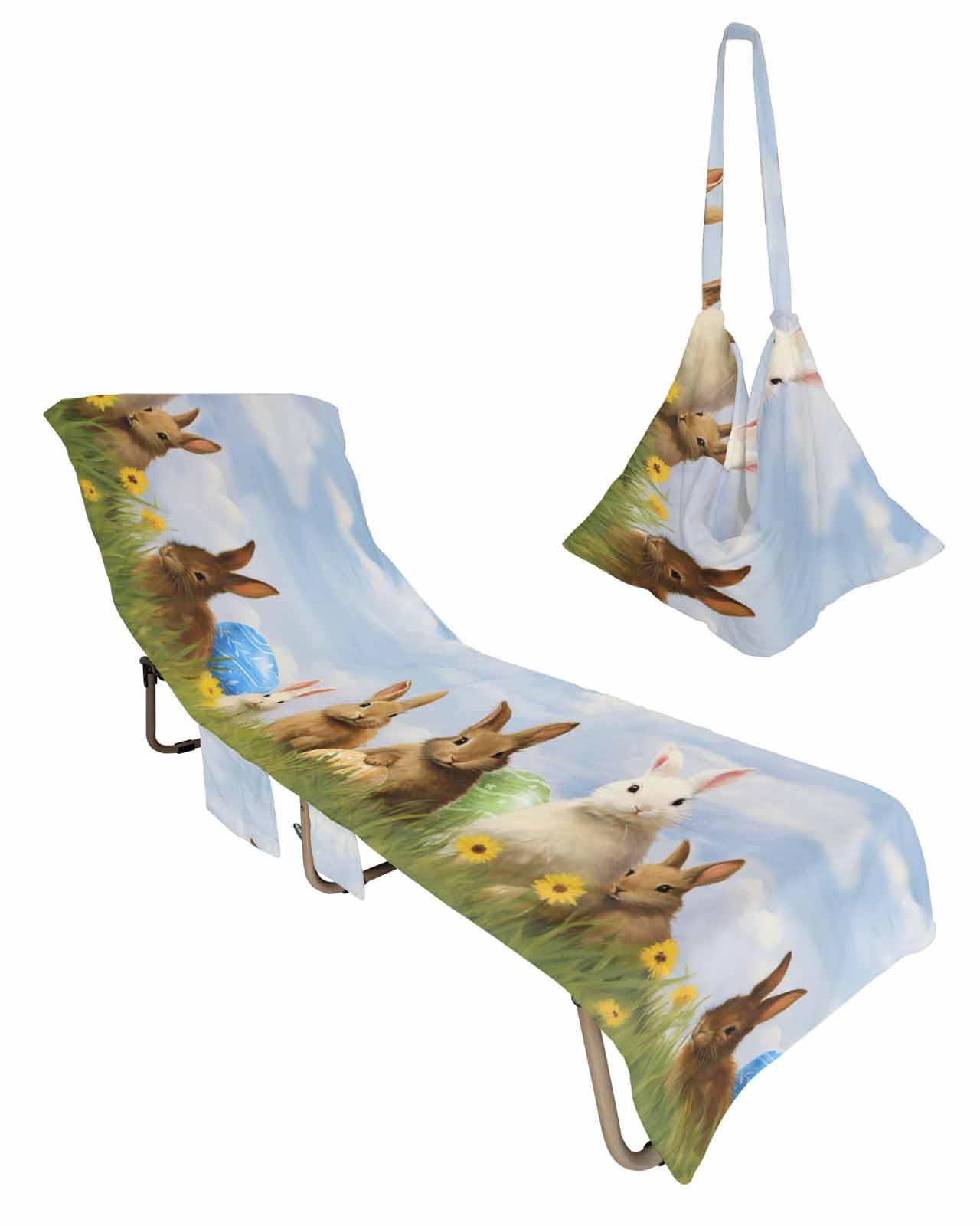 Easter Bunny Eggs Beach Chair Towel Covers for Chaise Lounge With Side Pocket, Soft Plush Pool Towels Cover for Patio Sunbathing Outdoor 29''x85'' Vintage Spring Botanical Plant Painting