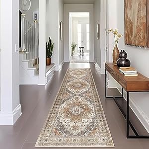Madane Runner Rug 2×8, Washable Hallway Runner Rugs, Non-Slip Low-Pile Soft Kitchen Rug Runner Laundry Room Rug, Vintage Throw Entry Foyer Mat for Entrance Living Room (Turmeric/Grey, 2 x 8)