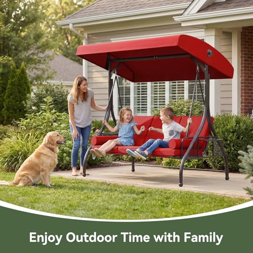 Image of Aoxun Outdoor Porch Swing with Stand and Canopy, 3 Seats Outdoor Swings for Adults, Convertible 2 in 1 Swing Bed with Cup Holder, Patio Swings with Thicken Cushions for Garden, Yard & Balcony, Wine