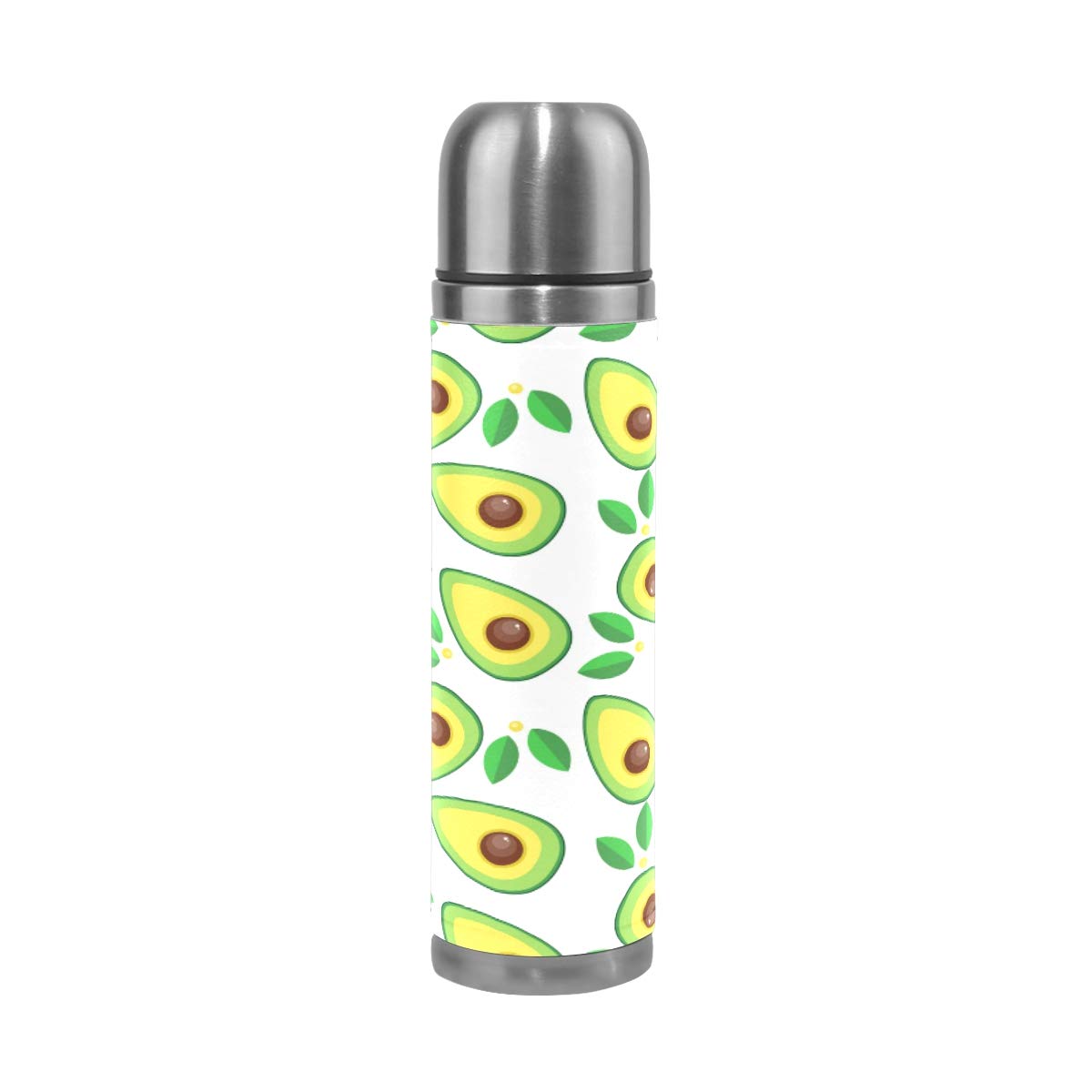 Taza de viaje aislada al vacío de acero inoxidable con doble pared a prueba de fugas, botella de taza de café con estampado de aguacate personalizado impreso en piel auténtica, termo de 500 ml