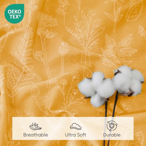 Image of 100% Natural Cotton Percale Sheets Set,Queen Size 4 PC, Breathable&Durable Hotel Quality Bedding, 16 inch Deep Pocket Botanical Floral Bedsheets,Yellow
