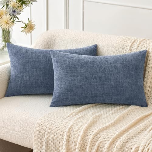 Image of MIULEE Pack of 2 Couch Throw Pillow Covers 12x20 Inch Soft Dark Grey Blue Chenille Lumbar Pillow Covers for Sofa Living Room Solid Dyed Cases