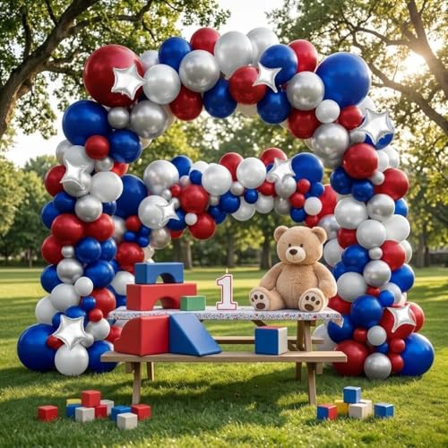 Image of Red White Blue Balloon Arch Double Stuffed Burgundy Navy Blue Balloon Kit | Silver Pearl Balloon with 4,5 Corner Star Foil Balloon Garland for Graduation Patriot Birthday Baby Shower Anniversary Decor