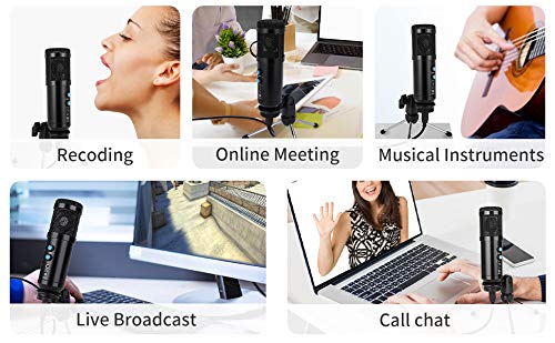 Various usage scenarios for the microphone: recording, online meetings, musical instruments, live broadcasting, and video calls
