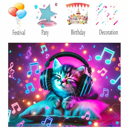 Image of Nuxovilar Neon DJ Cat Wall Tapestry Polyester 59.05x39.37 In | Glow Poster Trippy Wall Art Music Decor UV Backdrop Living Room Bedroom Lounge Space Room (Cute DJ Cat Scene)