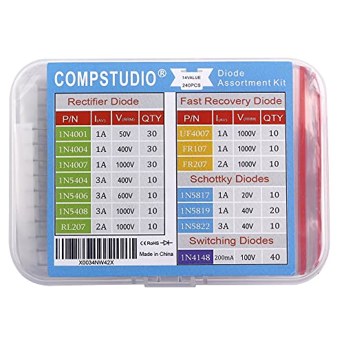14 Value 240 Pcs Diode Assortment Kit Contain Rectifier/Fast Recovery/Schottky/Switching Diode 1N4001 1N4004 1N4007 1N5404 1N5406 1N5408 Rl207 Fr107 Fr207 Uf4007 1N5817 1N5819 1N5822 1N4148 #TOP17