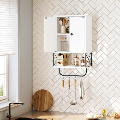 MAHANCRIS Badezimmerschrank, Badschrank, Wandschrank, 3-stufiger Medizinschrank mit verstellbarem Regal und Handtuchhalter, für Toilette, Wohnzimmer, Schlafzimmer, Schwarz und Weiß AWCHW2001