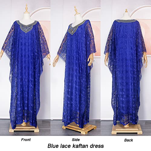 HD Womens African Lace Kaftan Dress Embroidery V Neck Evening Party Gown One Size with Matching Headwrap2