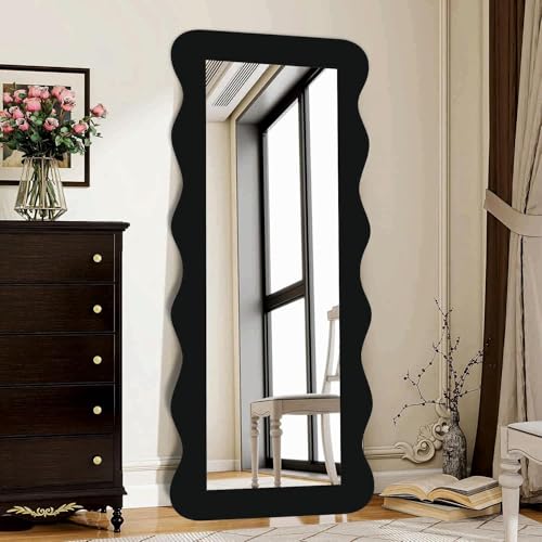 Image of Creative Arts n Frames 22 x 52 inch Full Length Dressing Chevel Long MDF Wood Zigzag Curvy Irregular Shape Framed HD Mirror Home Decor Items (Classic Black Zigzag1 Full Length Mirror)