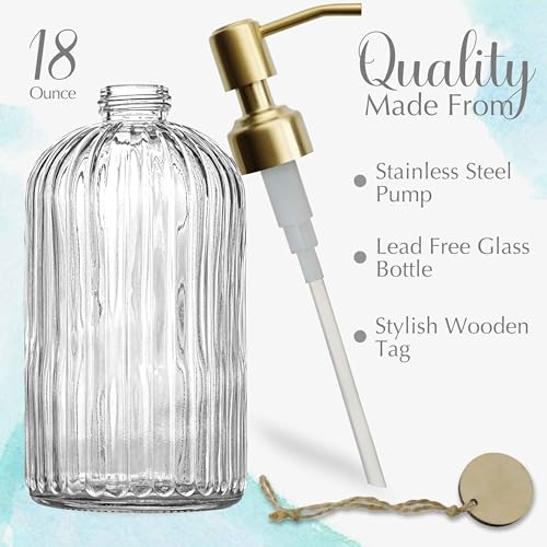 Image of JASAI 18Oz Glass Soap Dispenser with Golden Pump for Kitchen,Refillable Liquid Hand soap Dispenser with Vertical Stripe, Clear Soap Dispenser Bathroom for Hand soap, Dish Soap, Lotion
