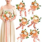 7 Inch Wedding Bouquets for Bridesmaid, Set of 6, Artificial Flowers Cascading Bridal Bouquet for Wedding Ceremony Anniversary, Bridal Shower and French Rustic Vintage Wedding (CoralPink&Champagne)