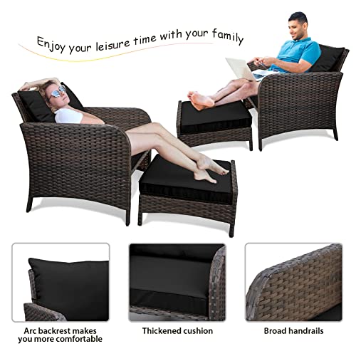 LEVELEVE Balcony Furniture 5 Piece Patio Conversation Set, PE Wicker Rattan Outdoor Lounge Chairs with Soft Cushions 2 Ottoman&Glass Table for Porch, Lawn-Brown Wicker（Black - Thumbnail 3
