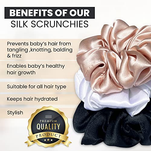 Image of NA by Sav Baby Silk Scrunchies - 5-Pack Skinny Pink 19 Momme Mulberry Silk Scrunchies for Hair - Soft Silk Hair Scrunchies for Babies and Toddlers - Luxurious Baby Hair Ties for Reduced Breakage and