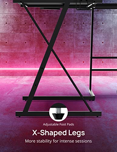 Evajoy Gaming Desk, L Shaped Computer Corner Desk, 53" Ergonomic Gaming Table With Monitor Stands, Pc Desk With Led Strips And Power Outlets, Carbon Fiber Surface With Cup Holder, Headphone Hook #TOP5