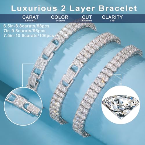 YIMERAIRE Moissanite Tennis Bracelet w/Extender Link, 3.2Ct-17.0Ct Double Row Lab Grown Women Moissanite Bracelet S925 Sterling Silver D Color VVS1 Round Cut 6.5Inch/7Inch/7.5Inch2