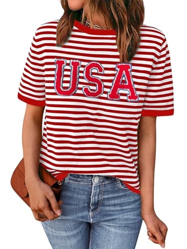 Image of Ithalt Women 4th of July Shirt Fourth of July Shirts USA Sequin Tshirt American Patriotic T-Shirt Stripes Tee Tops