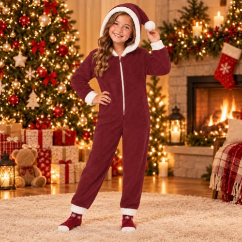 Kids Christmas Santa Hat Hooded Onesie Cozy Fleece Jumpsuit Outfit Girls - image 3