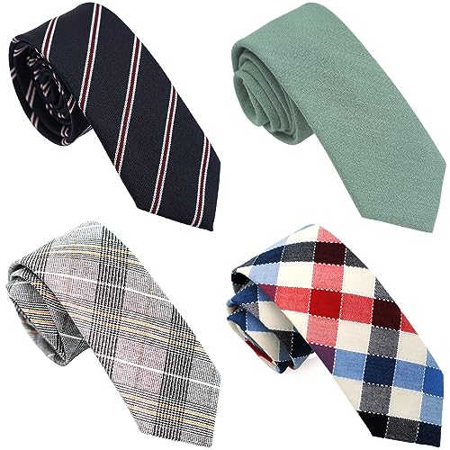Image of Cotton Skinny Ties for Men, Plaid and Striped Slim Neckties