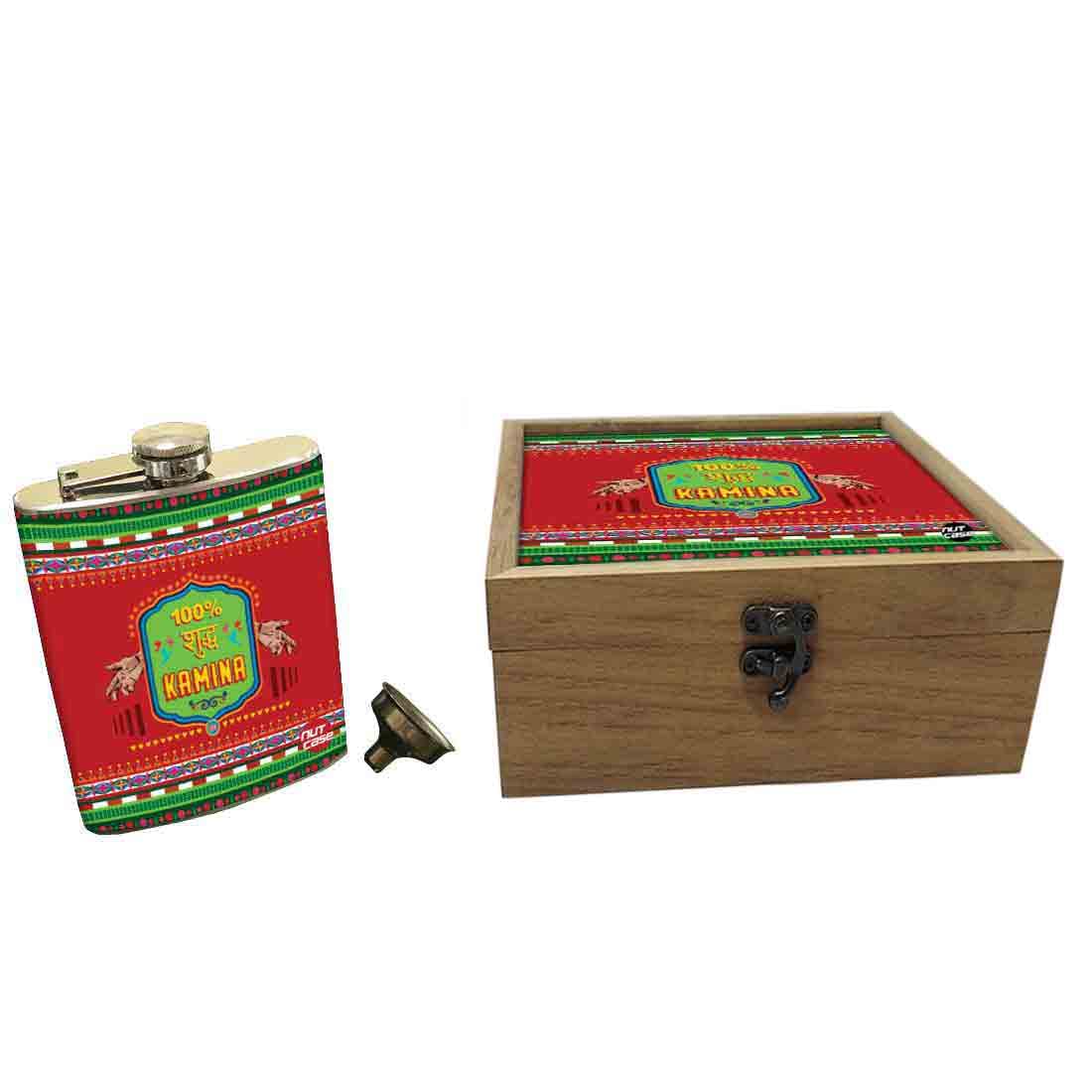 Designer Hip Flask Gift Set with Funnel - 9 oz Stainless Steel- Indian Kitsch Quirky Design-Suddh Kamina