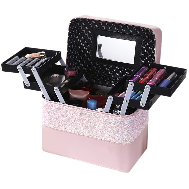 ZJchao Cosmetic Storage Bag Large Capacity PU Leather Toiletry Box Portable Travel (Pink 4 Sided Openning)